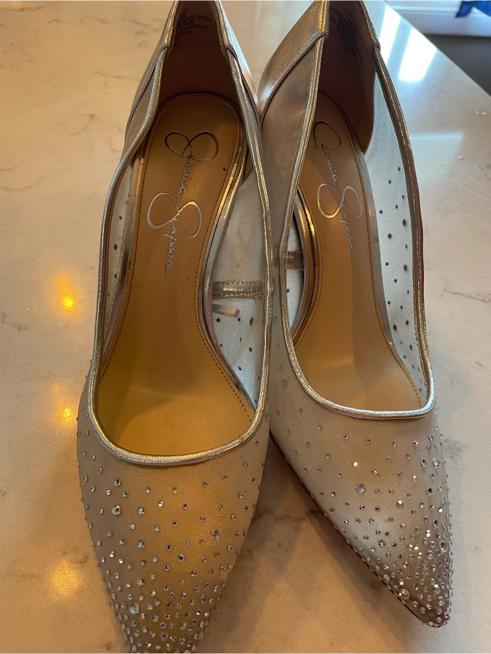 Jessica Simpson Champagne Pointed-Toe Rhinestone Flats. 3.5 in heels.